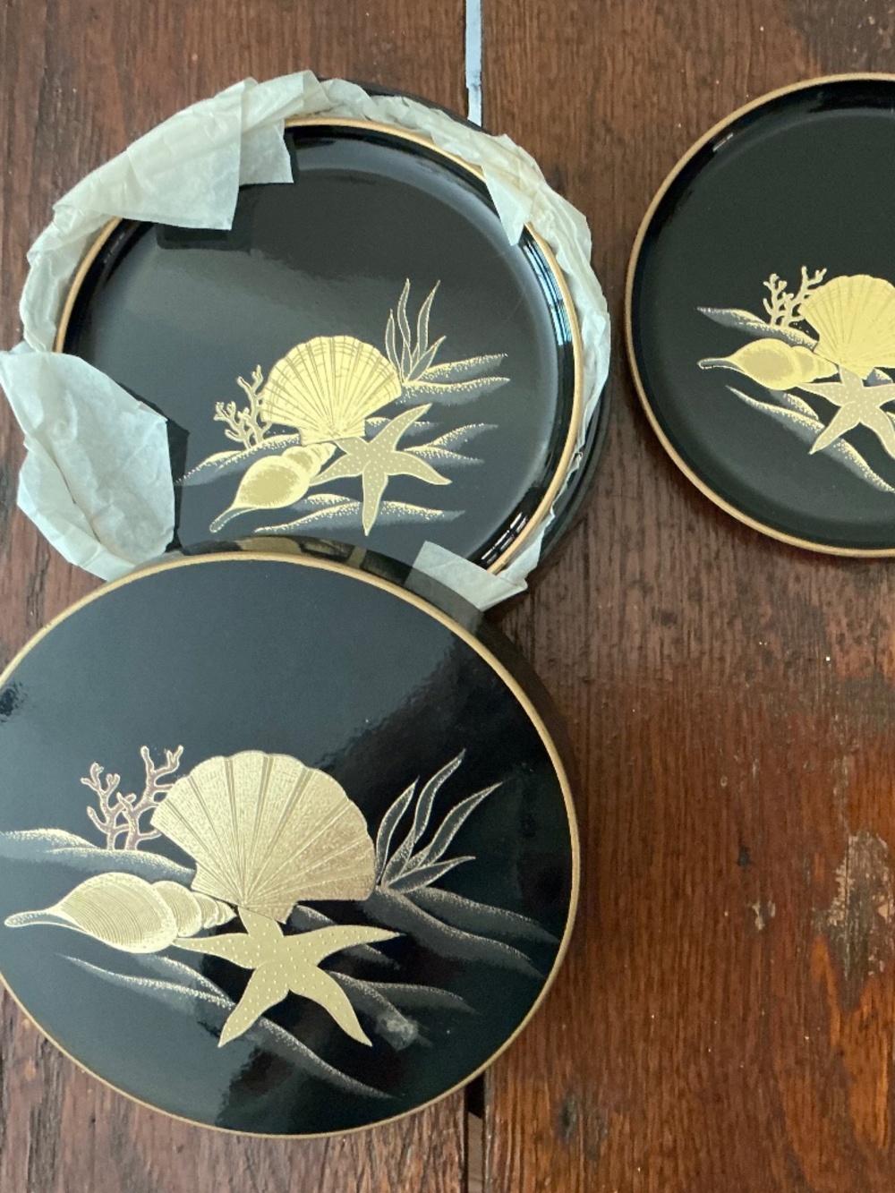 Vintage Otagiri Lacquerware black and gold seashell set of 6 coasters.